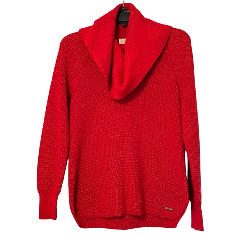 MICHAEL KORS red sweater cowl neck waffle knit cotton XS
